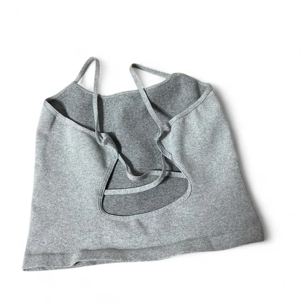 Free People Movement Grey Ribbed Cropped Cami Tank Top Low Back M/L OB7642501 - Picture 2 of 6